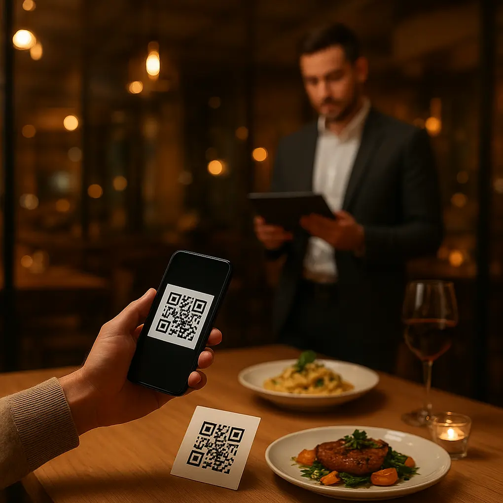Gerente aplicando fidelización con menú digital desde una tablet en un restaurante