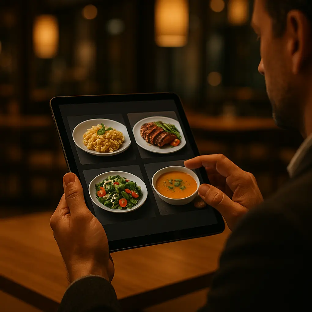 Cliente usando IA en menú digital con recomendaciones en tiempo real