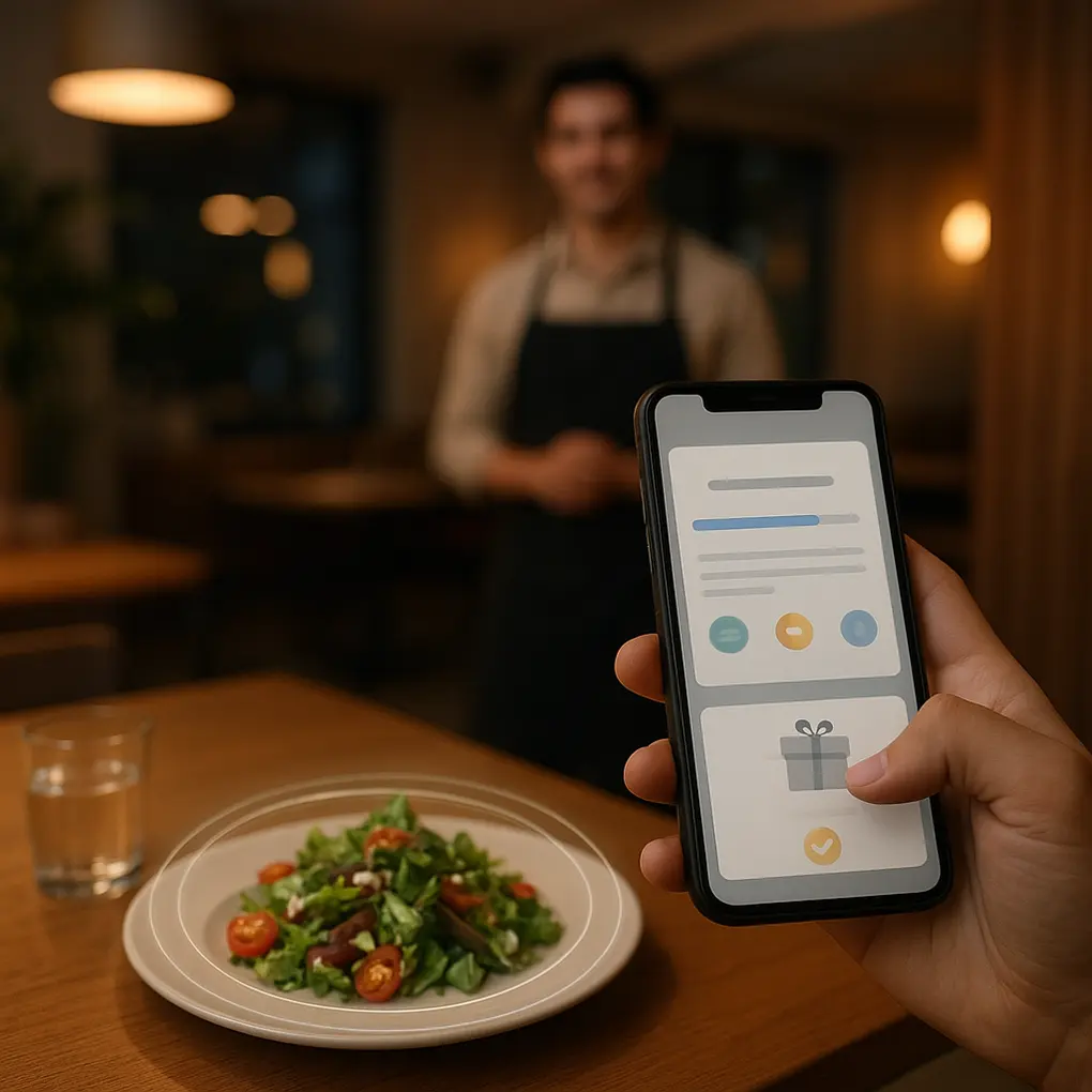 Clientes interactuando con gamificación en menú digital en un restaurante