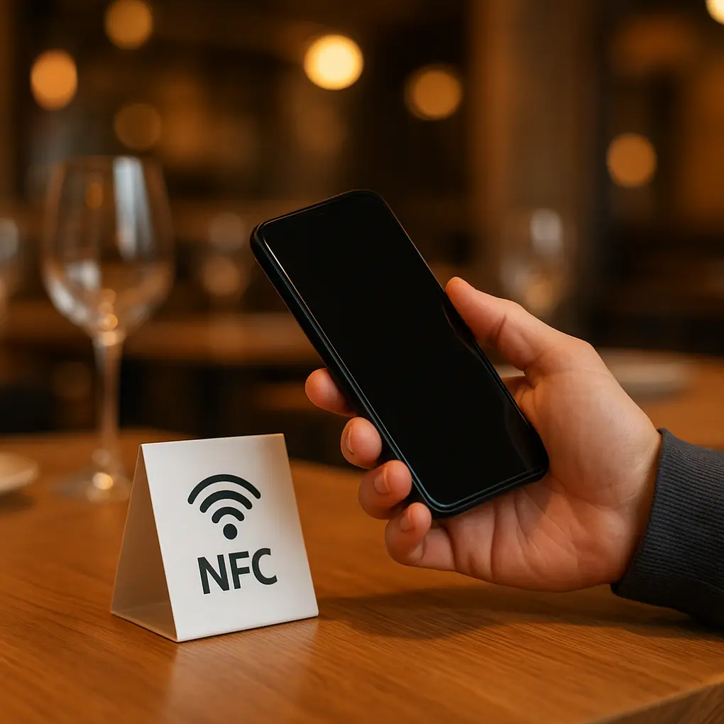 Cliente usando NFC en menú digital en mesa de restaurante