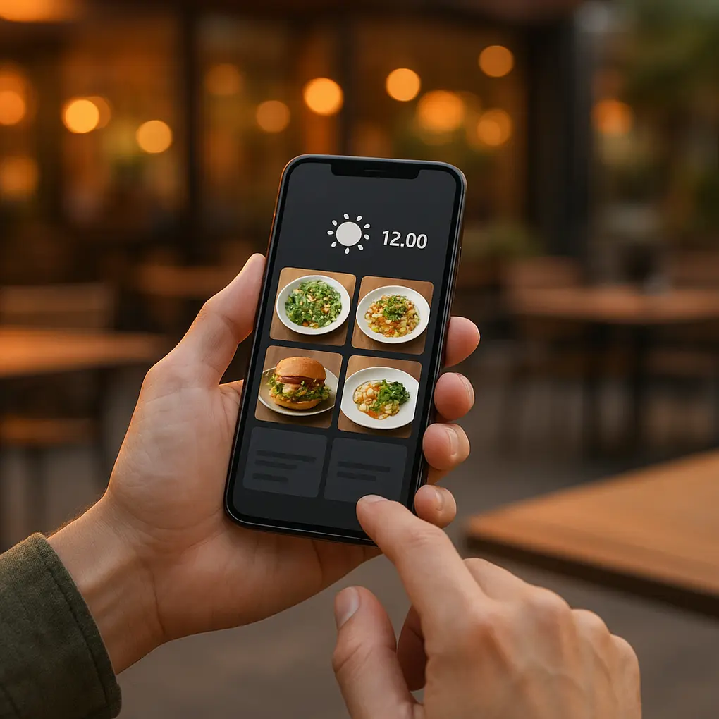 Interfaz con personalización contextual menú digital mostrando platos según clima y hora