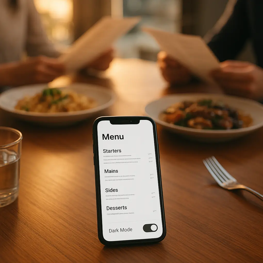 Mesa de restaurante con smartphone mostrando accesibilidad visual menú digital