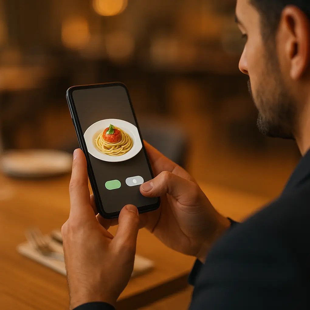 Smartphone con microinteracciones en menú digital en un restaurante