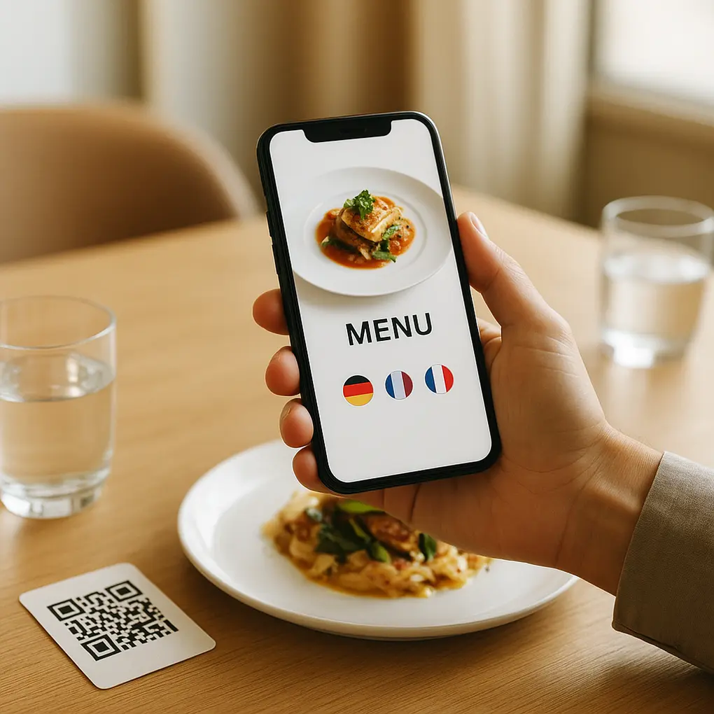 Vista de smartphone mostrando un menú digital multidioma en un restaurante