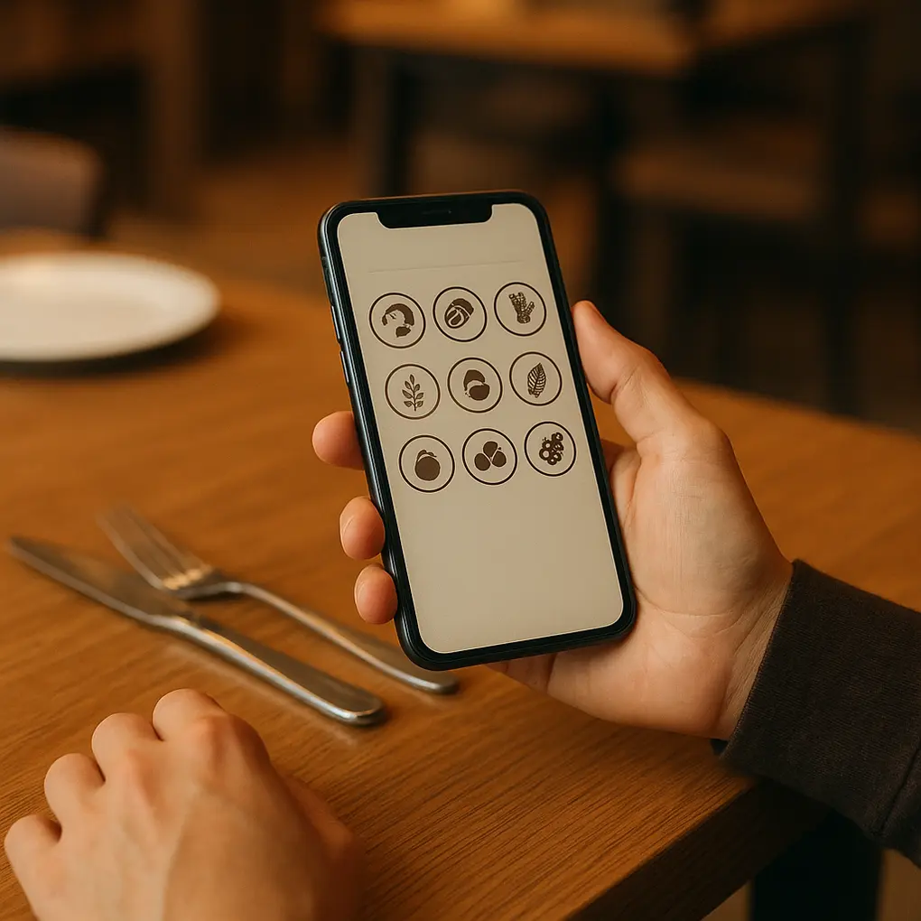 Cliente consultando alérgenos interactivos en carta digital desde su móvil en una mesa de restaurante