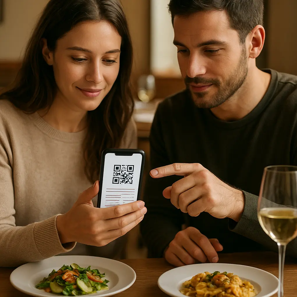 Cliente escaneando un menú digital sin login en mesa de restaurante
