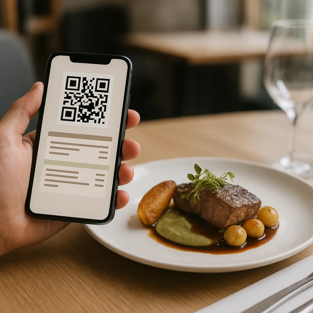 Trazabilidad en carta digital mostrada en un menú QR en mesa de restaurante