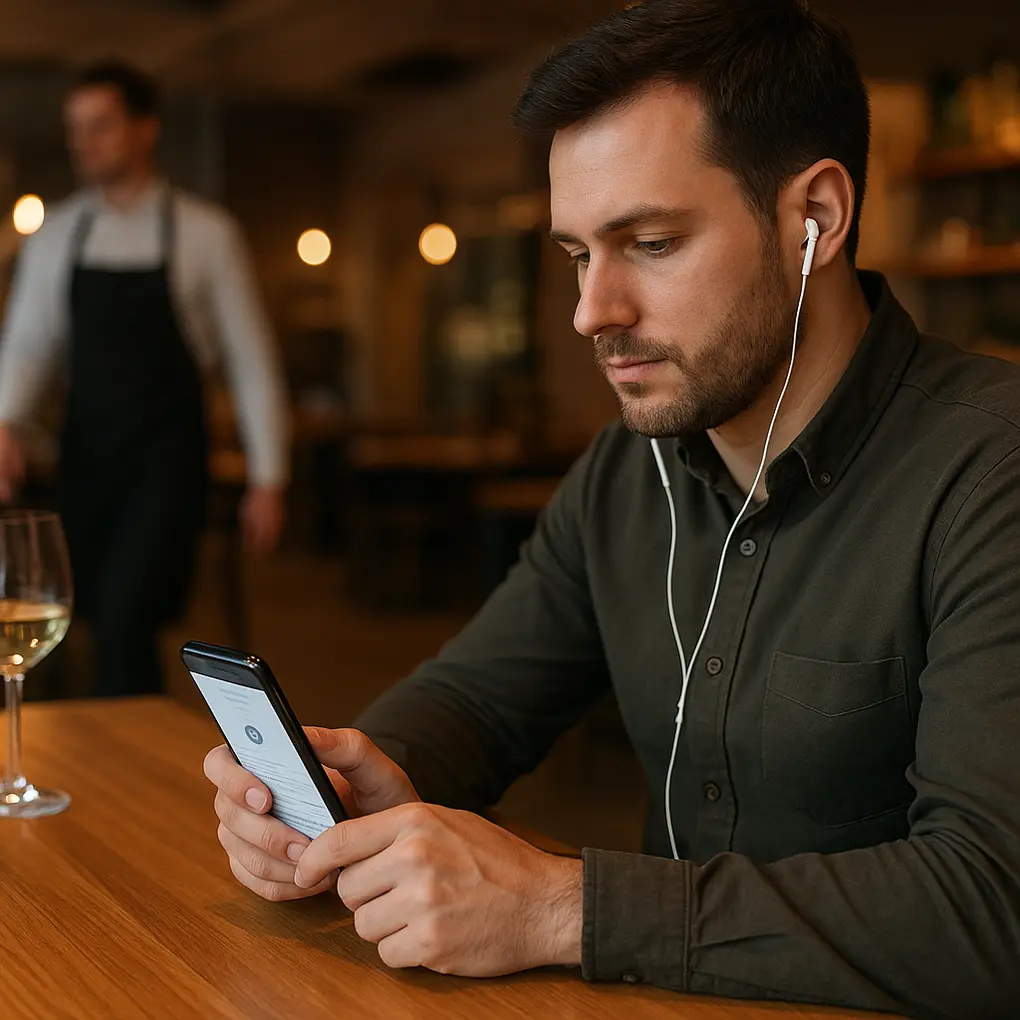 Cliente usando audio en carta digital en un restaurante
