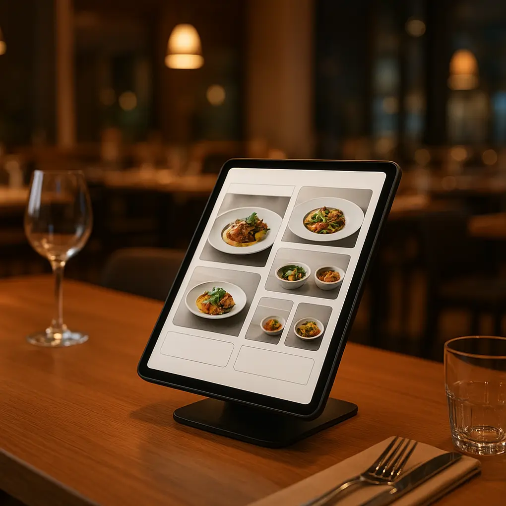 Diseño de menú modular digital en un restaurante con módulos de platos en una tablet