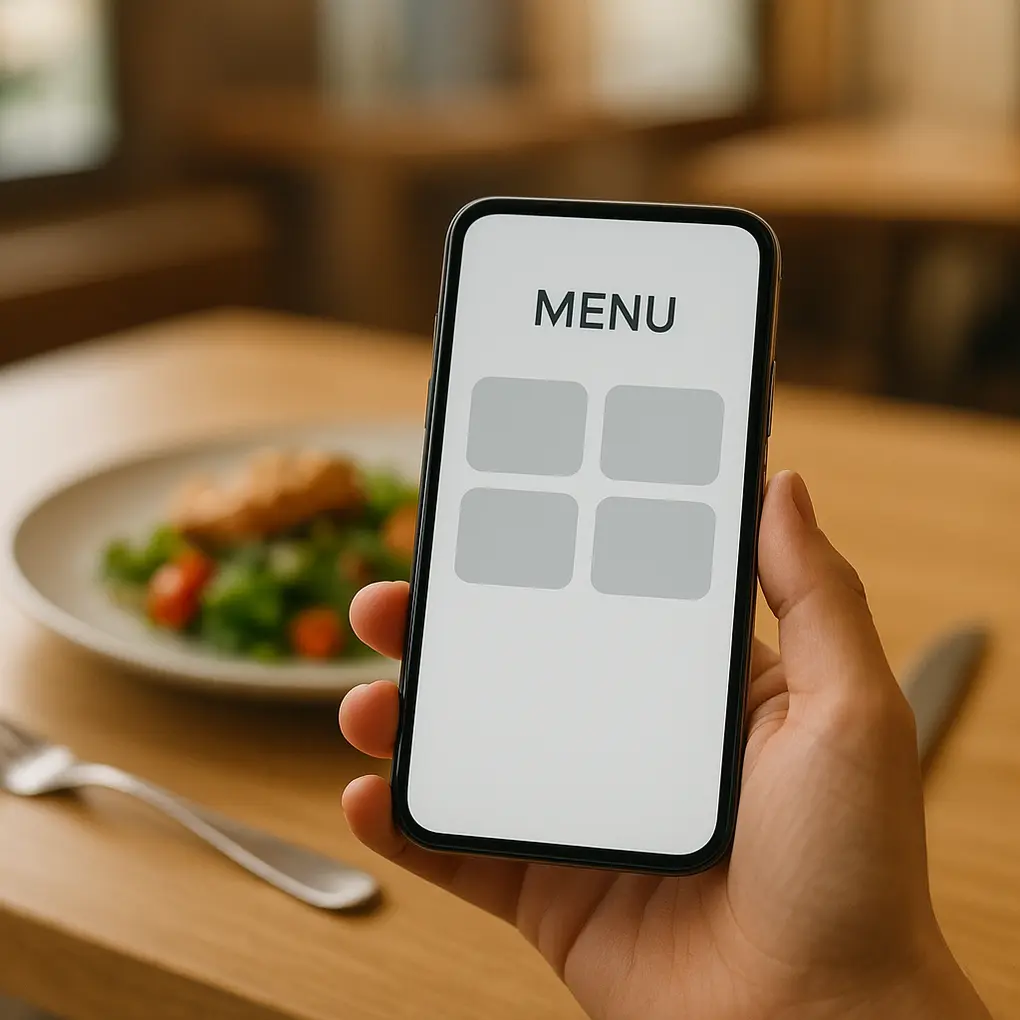 Cliente usando un menú digital accesible en su móvil en un restaurante