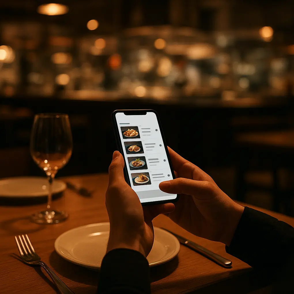 Cliente consultando un menú digital con stock en tiempo real en la mesa del restaurante