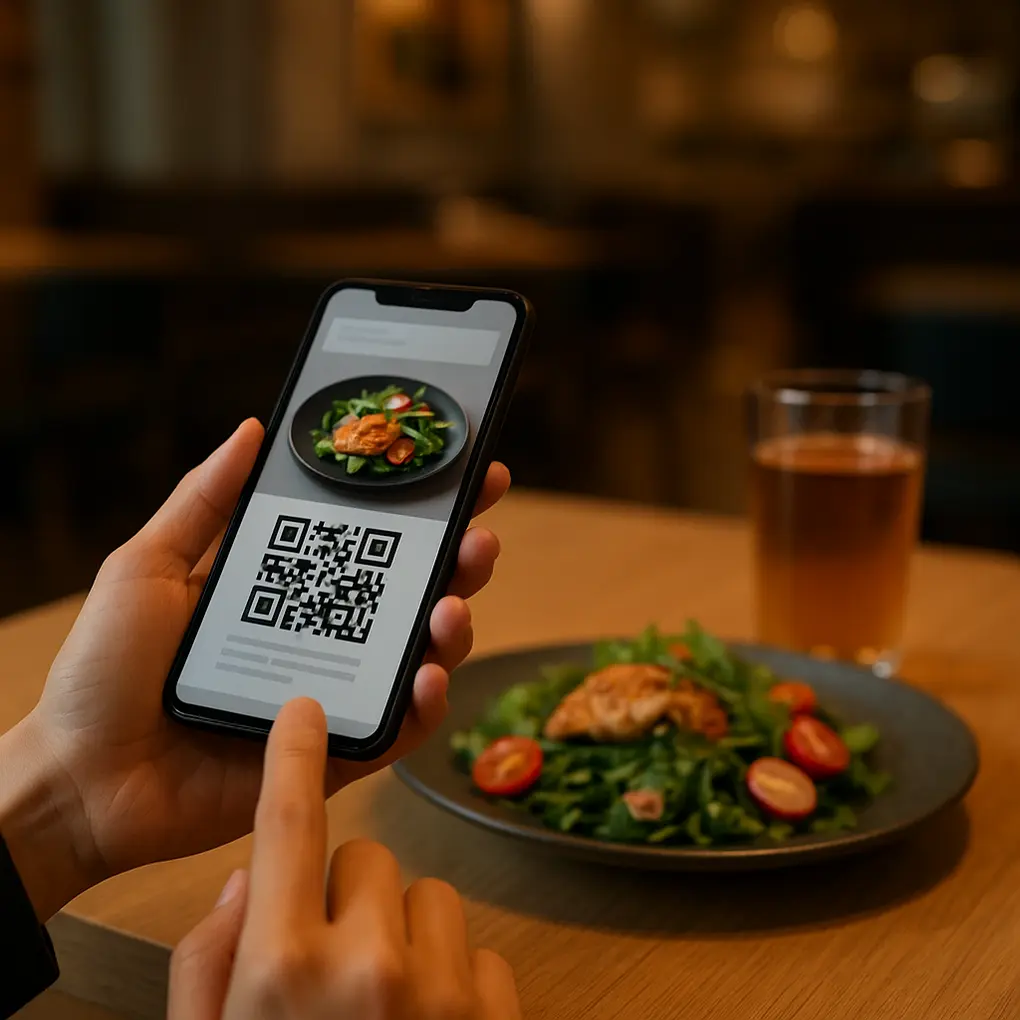 Cliente consultando un menú QR nutricional interactivo en restaurante