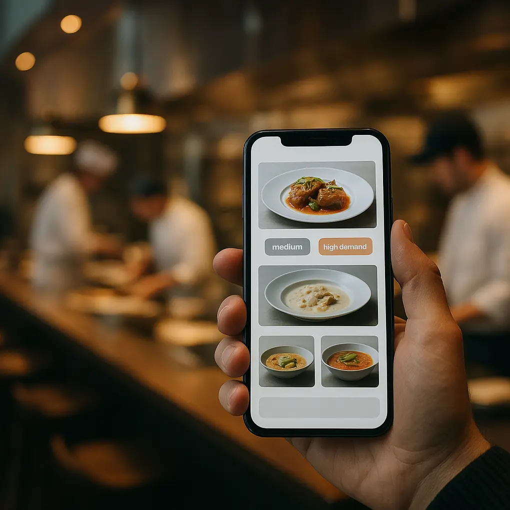 Menú digital cocina en vivo mostrado en móvil en un restaurante con cocina al fondo