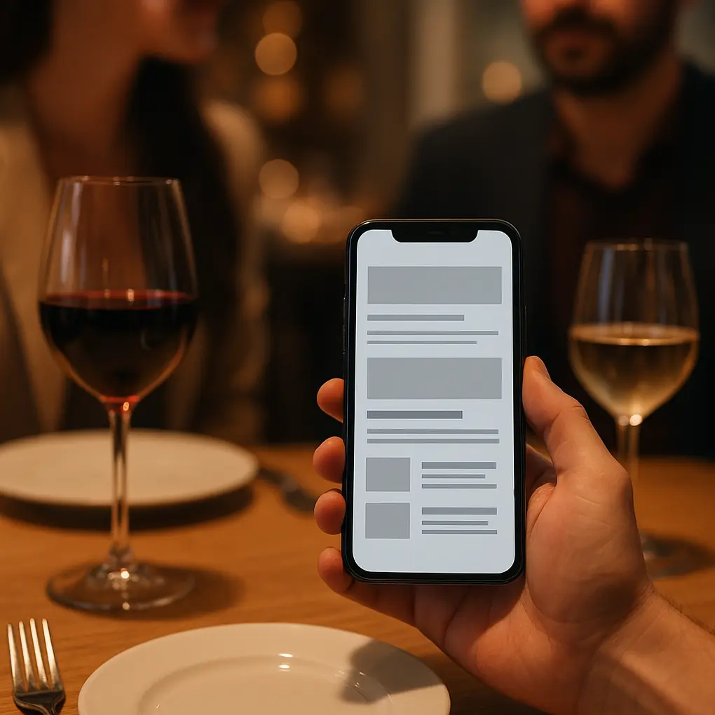 Mesa de restaurante con menú digital para maridaje inteligente en un móvil