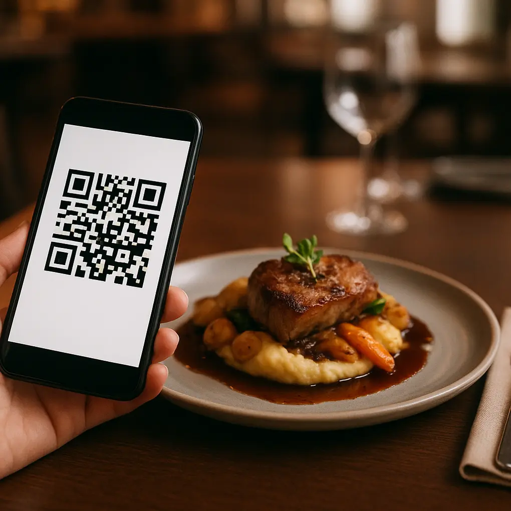 Ejemplo visual de menú QR con fotografía consistente en mesa de restaurante