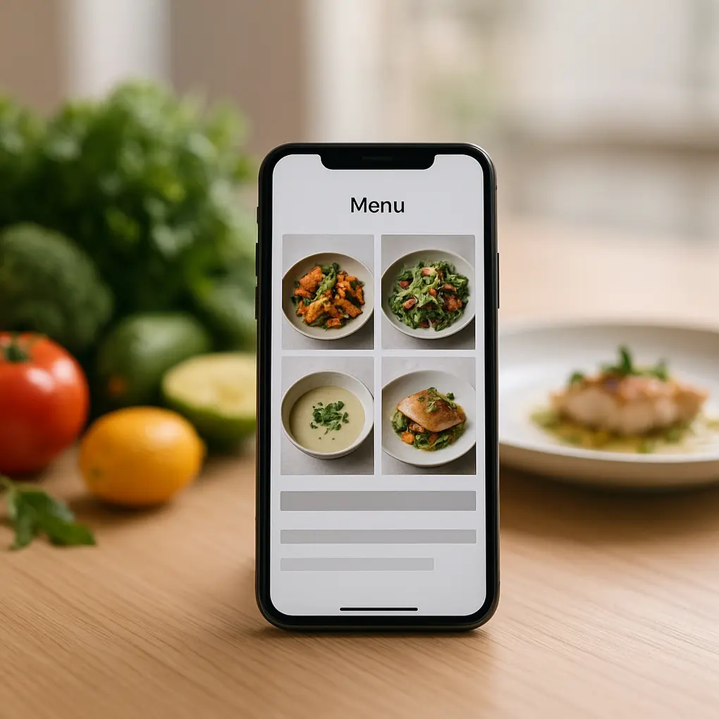 menú digital por temporada mostrado en un móvil sobre una mesa de restaurante