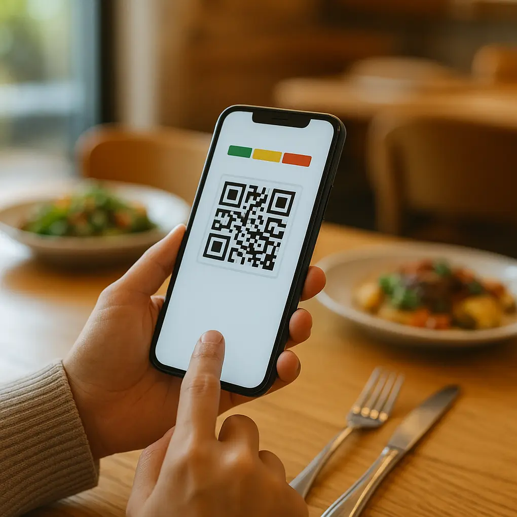 Cliente escaneando huella de carbono menú QR en un restaurante