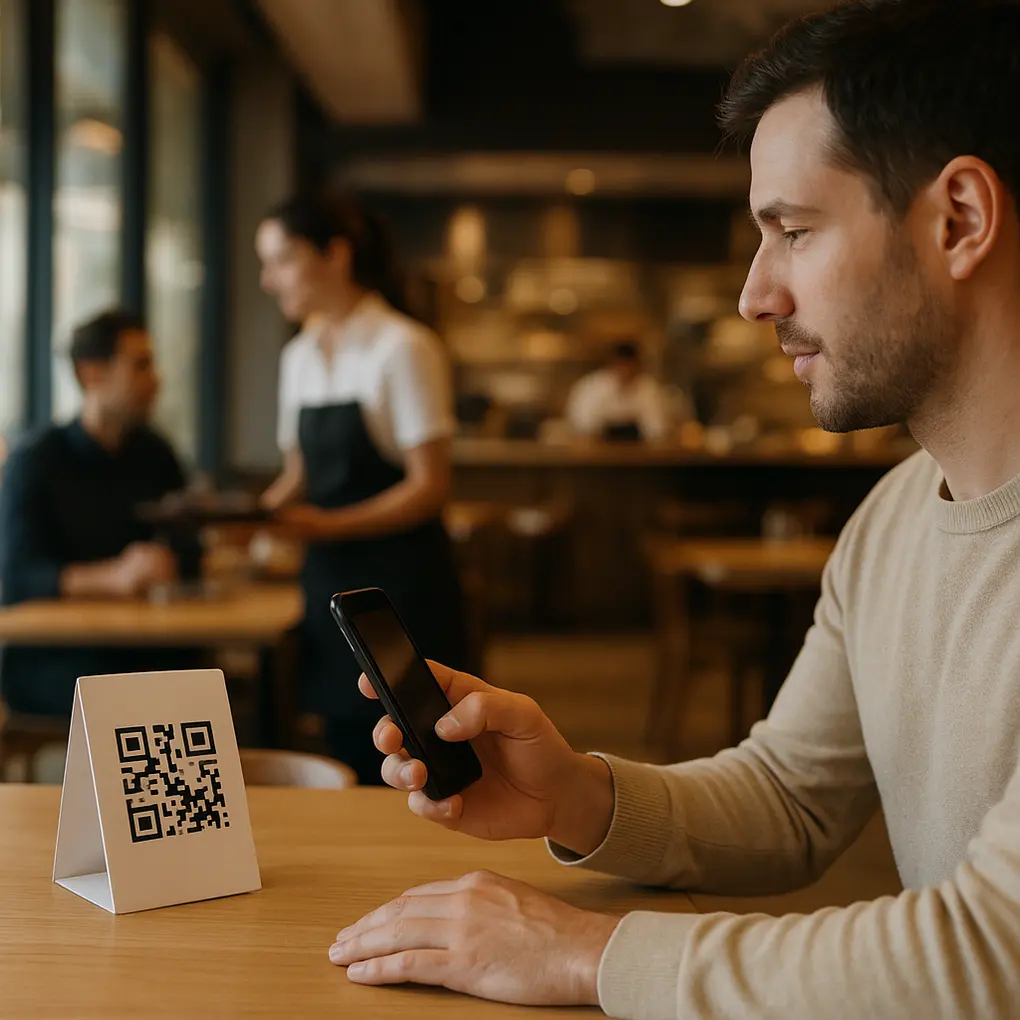 Cliente escaneando un menú QR con lista de espera en la mesa del restaurante