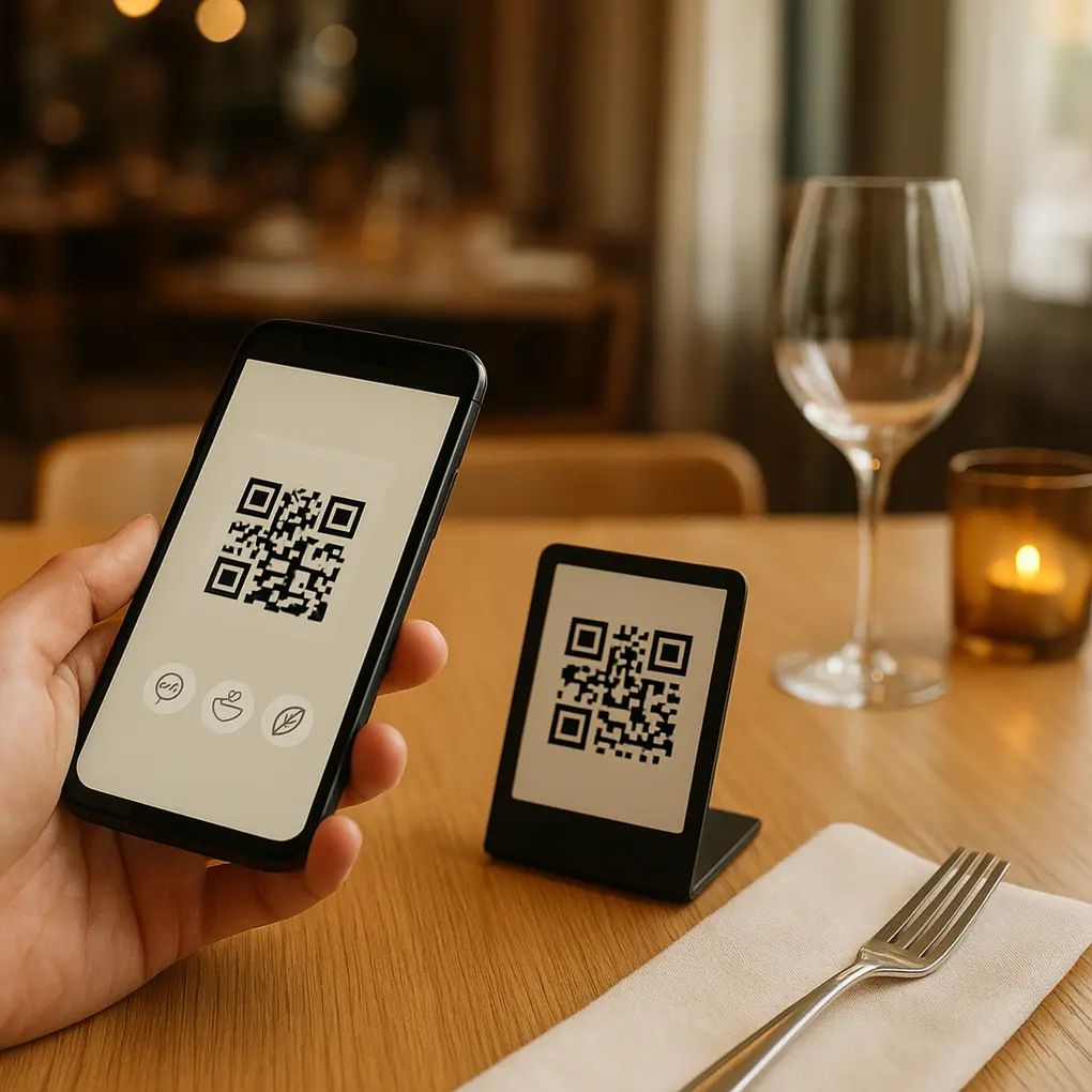 Cliente consultando un menú QR con alérgenos en vivo en el restaurante
