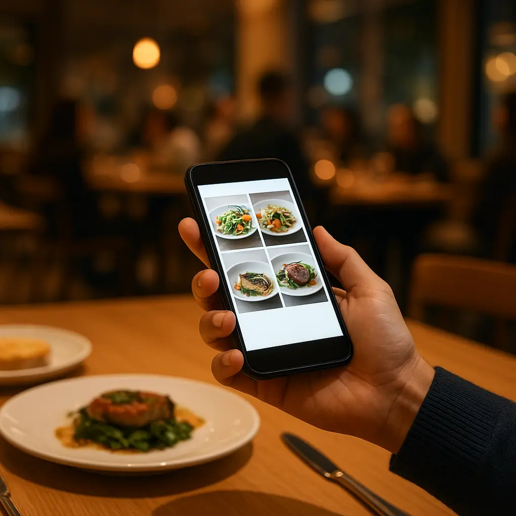 Cliente usando un menú digital sin WiFi en una mesa de restaurante