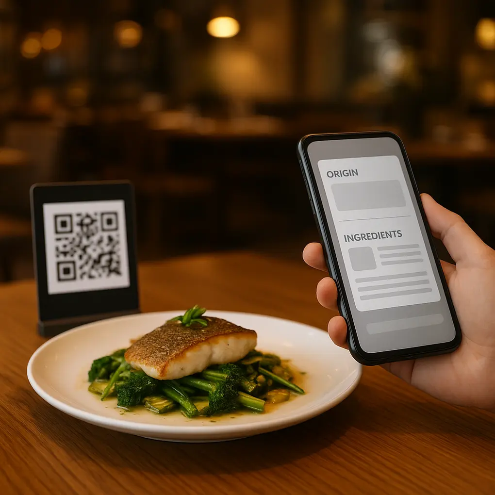 Cliente consultando un menú QR con trazabilidad en la mesa del restaurante