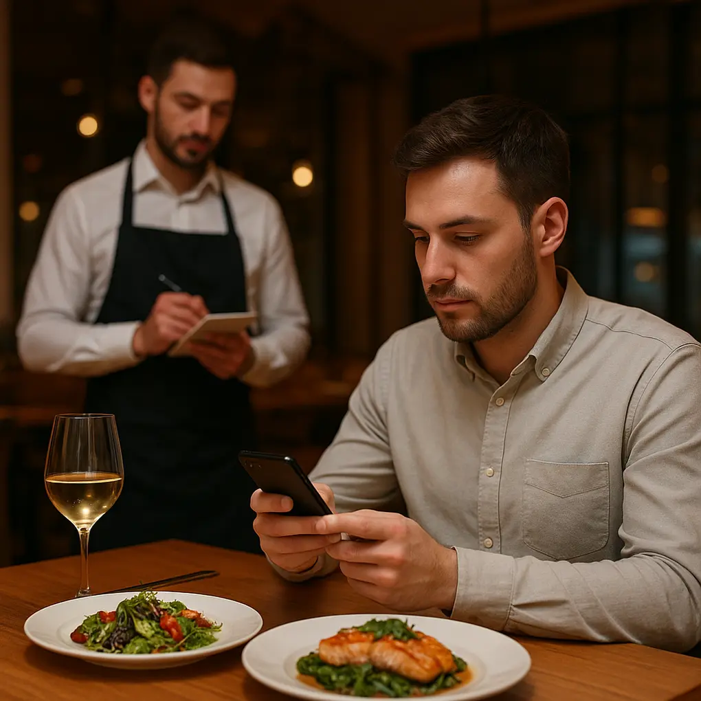menú digital reduce devoluciones en restaurante con cliente consultando carta en móvil