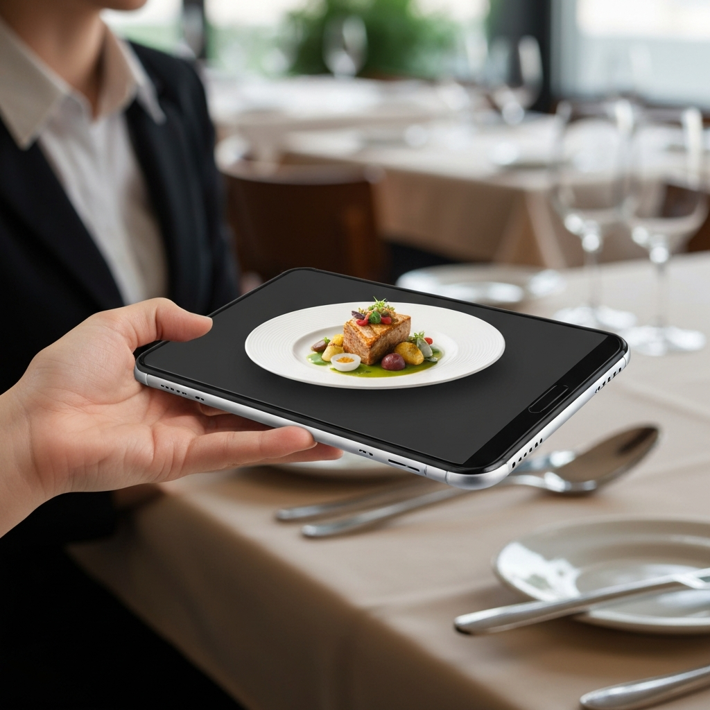 Mano interactuando con un menú digital con realidad aumentada, mostrando un plato flotante en 3D sobre la mesa en un restaurante moderno.
