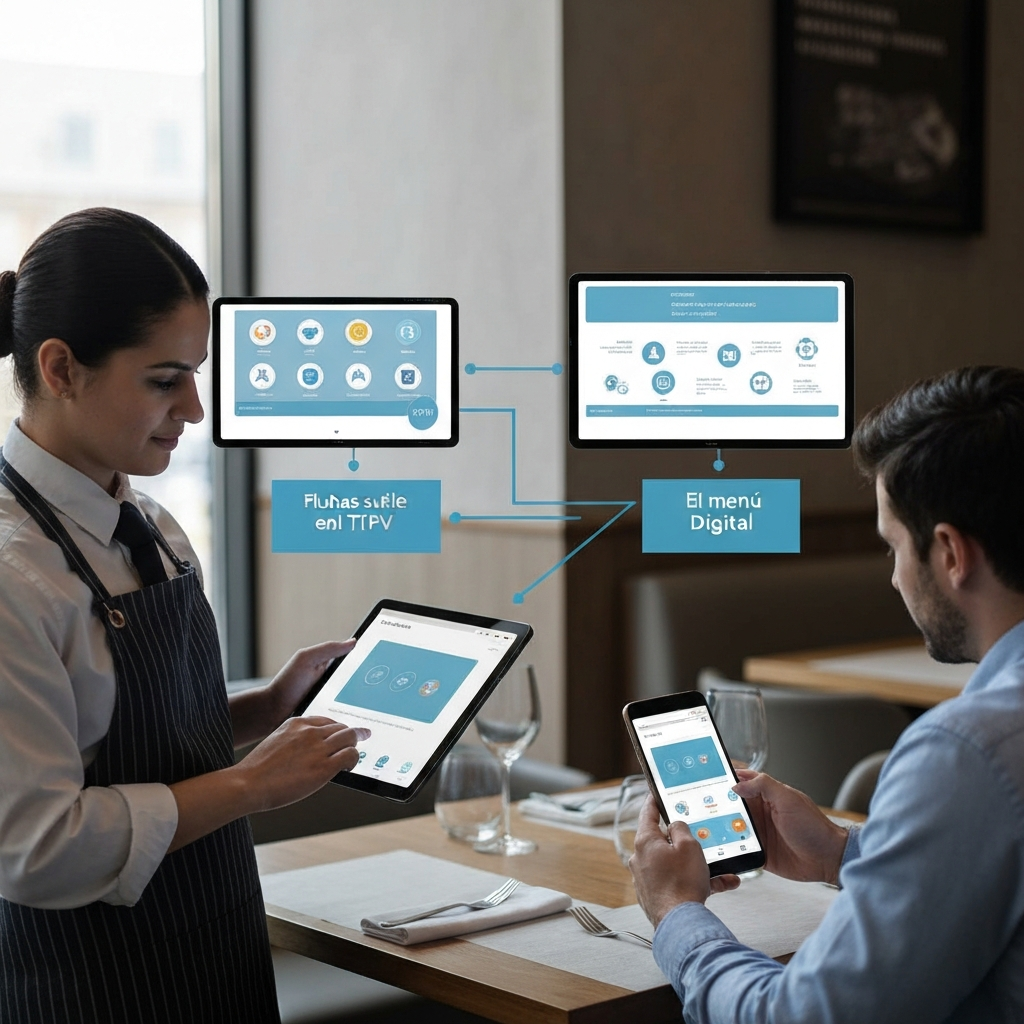 Restaurante moderno mostrando la fluida integración menú digital con TPV para optimizar pedidos y servicio.