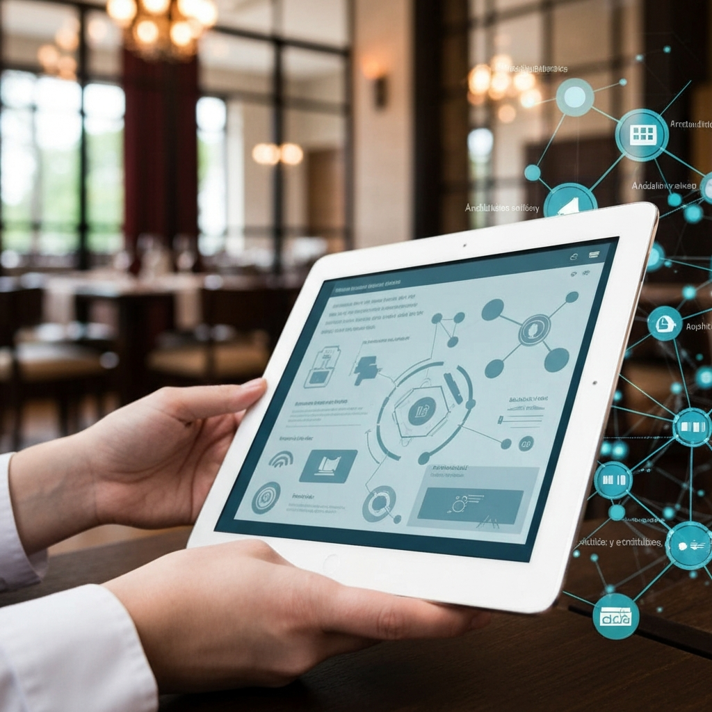 Representación visual de la inteligencia artificial optimización menú digital en un restaurante moderno, mostrando datos y algoritmos en segundo plano.