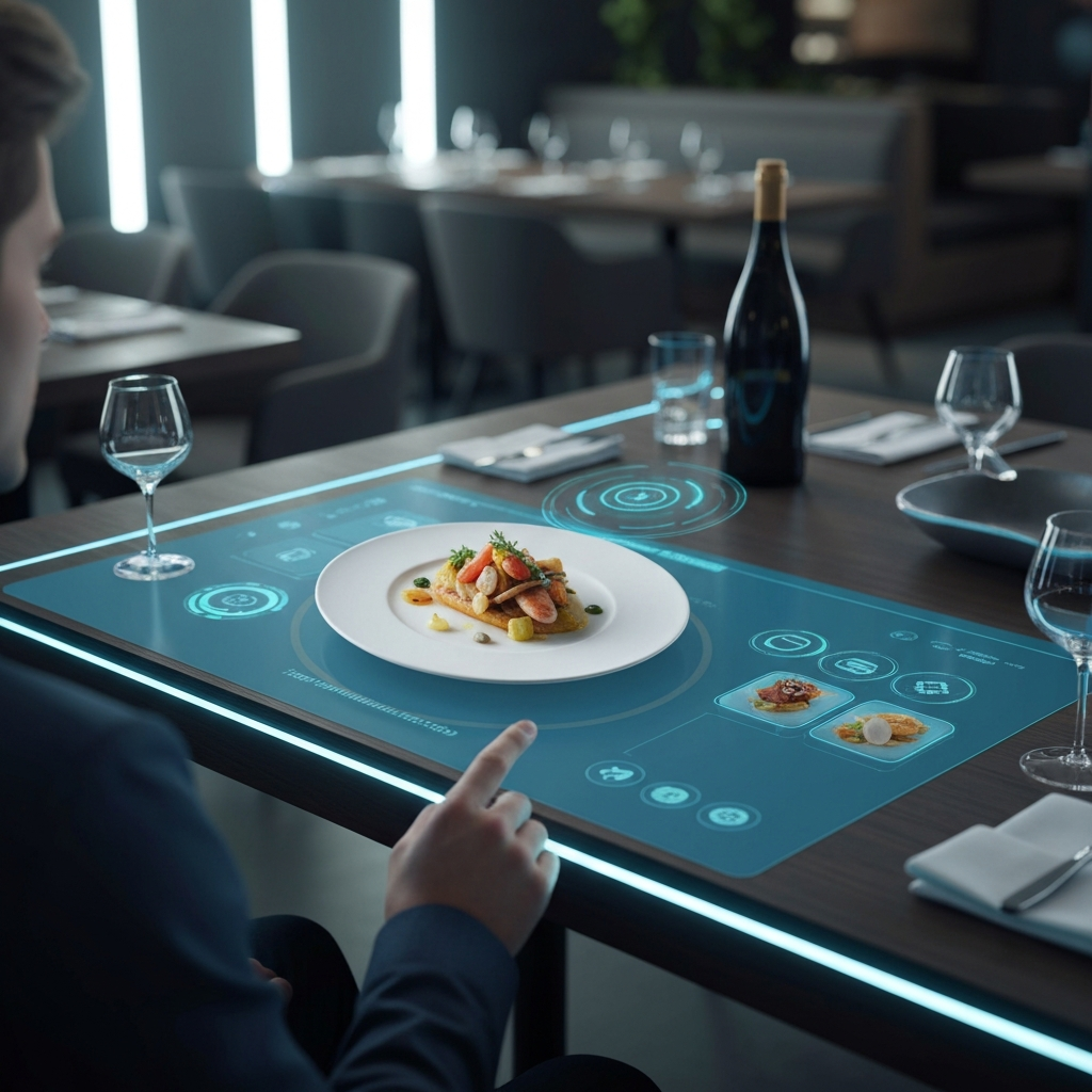 Un cliente interactuando con un menú digital experiencia inmersiva en una mesa de restaurante, mostrando elementos 3D y animaciones de comida.