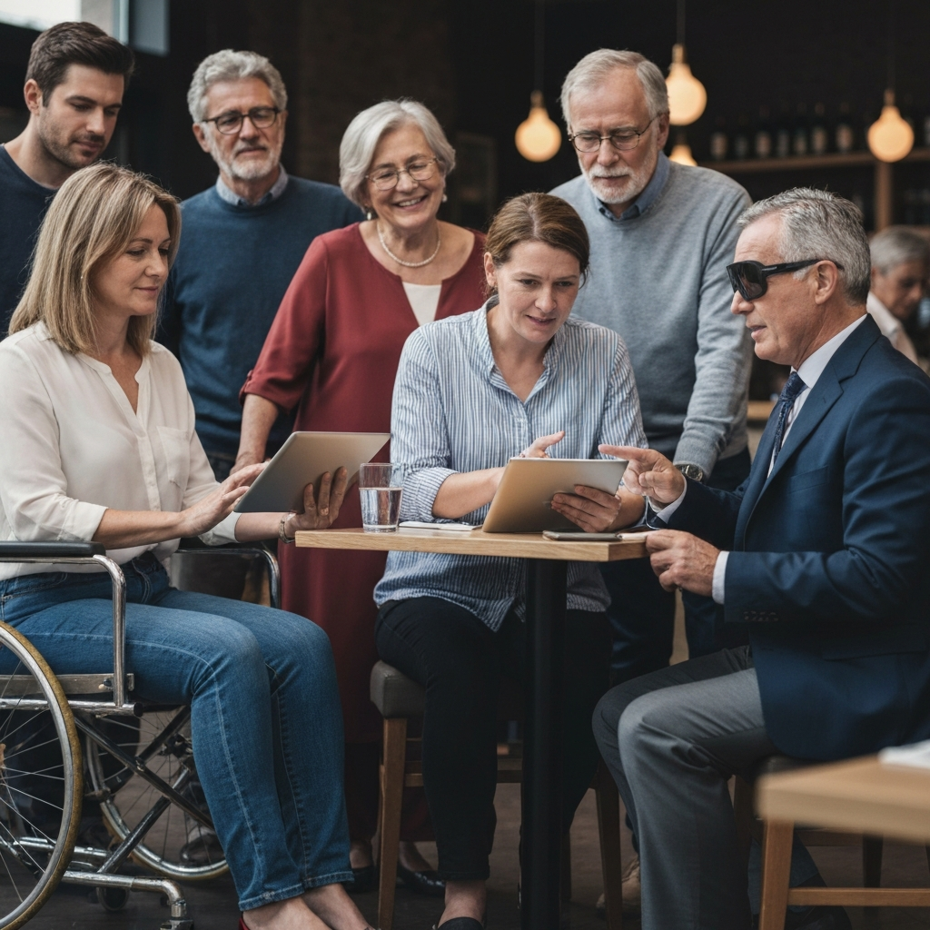 Representación de un cliente utilizando un menú digital con características de accesibilidad universal en un restaurante moderno.